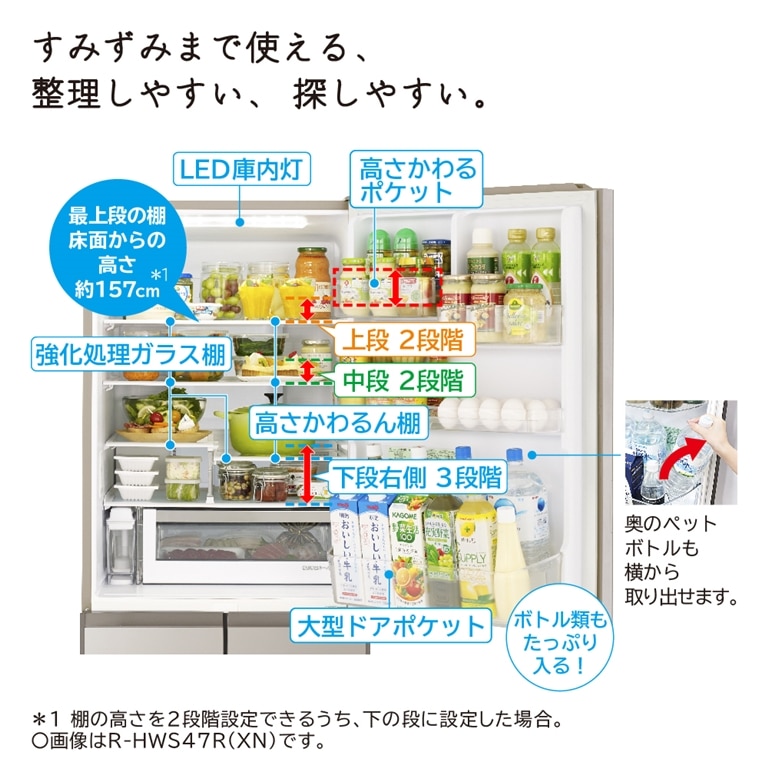 冷蔵庫 (470L・左開き) R-HWS47RL XW(クリスタルホワイト): キッチン家電/日立の家電品オンラインストア
